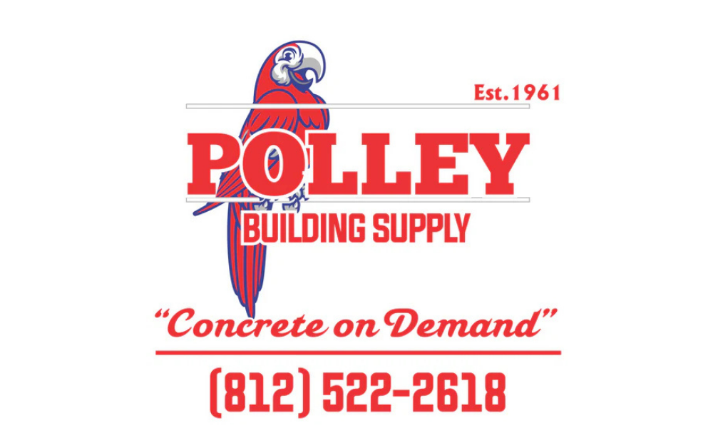 Logo for Polley Building Supply, featuring a parrot and the text "Concrete on Demand" with a contact number.