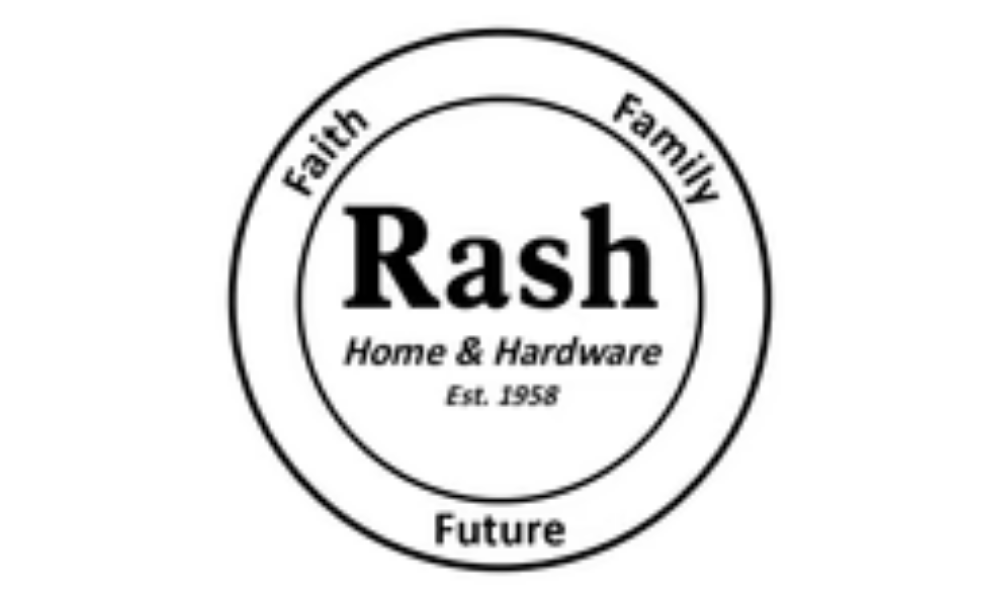 Circular logo with "Rash Home & Hardware" centered. The words "Faith," "Family," and "Future" encircle the main text. Established in 1958.