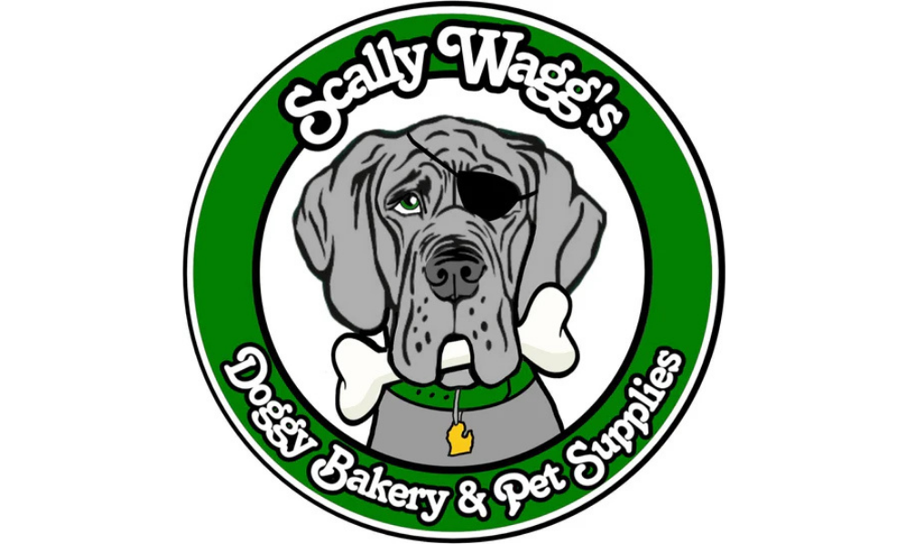 Logo featuring a gray dog with an eye patch and a bone in its mouth. Green circular border reads "Scally Wagg's Doggy Bakery & Pet Supplies." Playful tone.