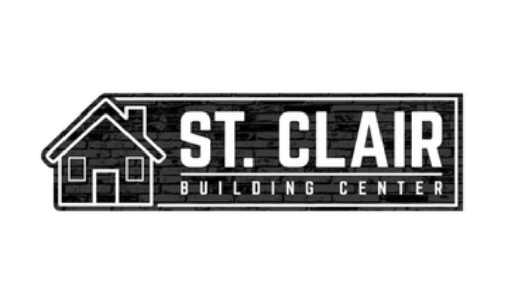 Logo of St. Clair Building Center: a stylized house outline next to bold white text on a dark brick background, conveying a construction theme.