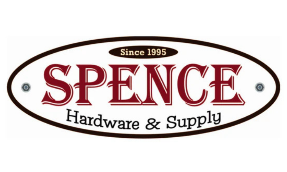 Oval logo for "Spence Hardware & Supply," established in 1995. Bold red "SPENCE" with black "Hardware & Supply" below. Clear, vintage style.