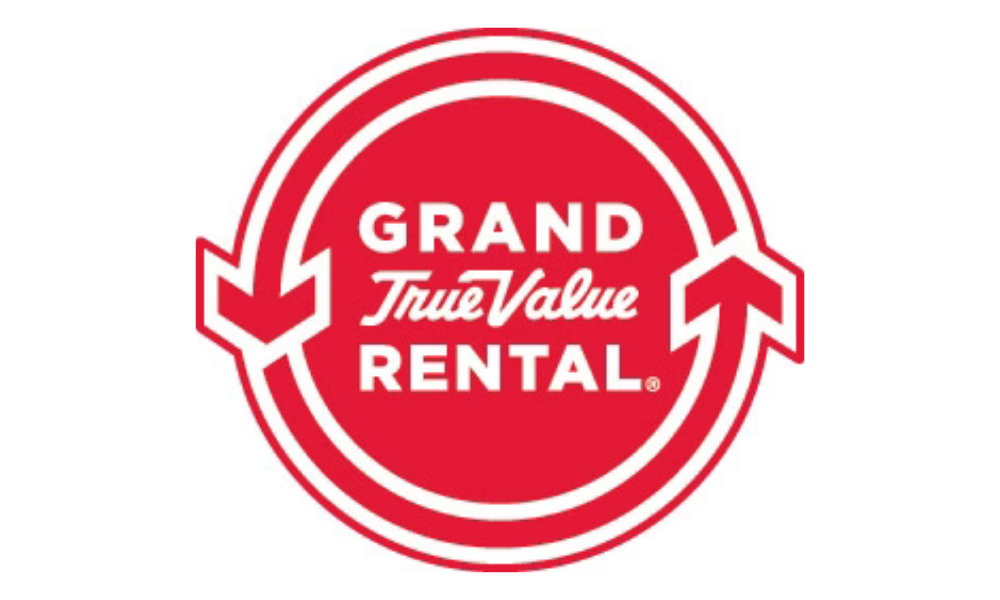 Red circular logo featuring white text "Grand True Value Rental" with arrows curving around the circle's edge, conveying a sense of motion.