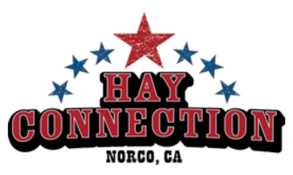 Red and blue logo with a star and "Hay Connection" text in bold. Five blue stars arch above the text. Below, "Norco, CA" is written in black.