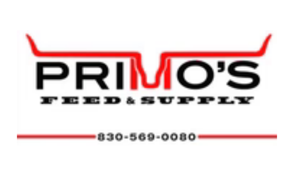 Logo for Primo's Feed & Supply featuring bold black text with red cattle horns integrated into the word "Primo's", and a phone number below.